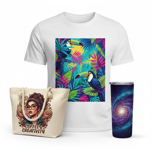 Custom DTF printed t-shirt, sublimation tumbler, and tote bag with vibrant full-color designs